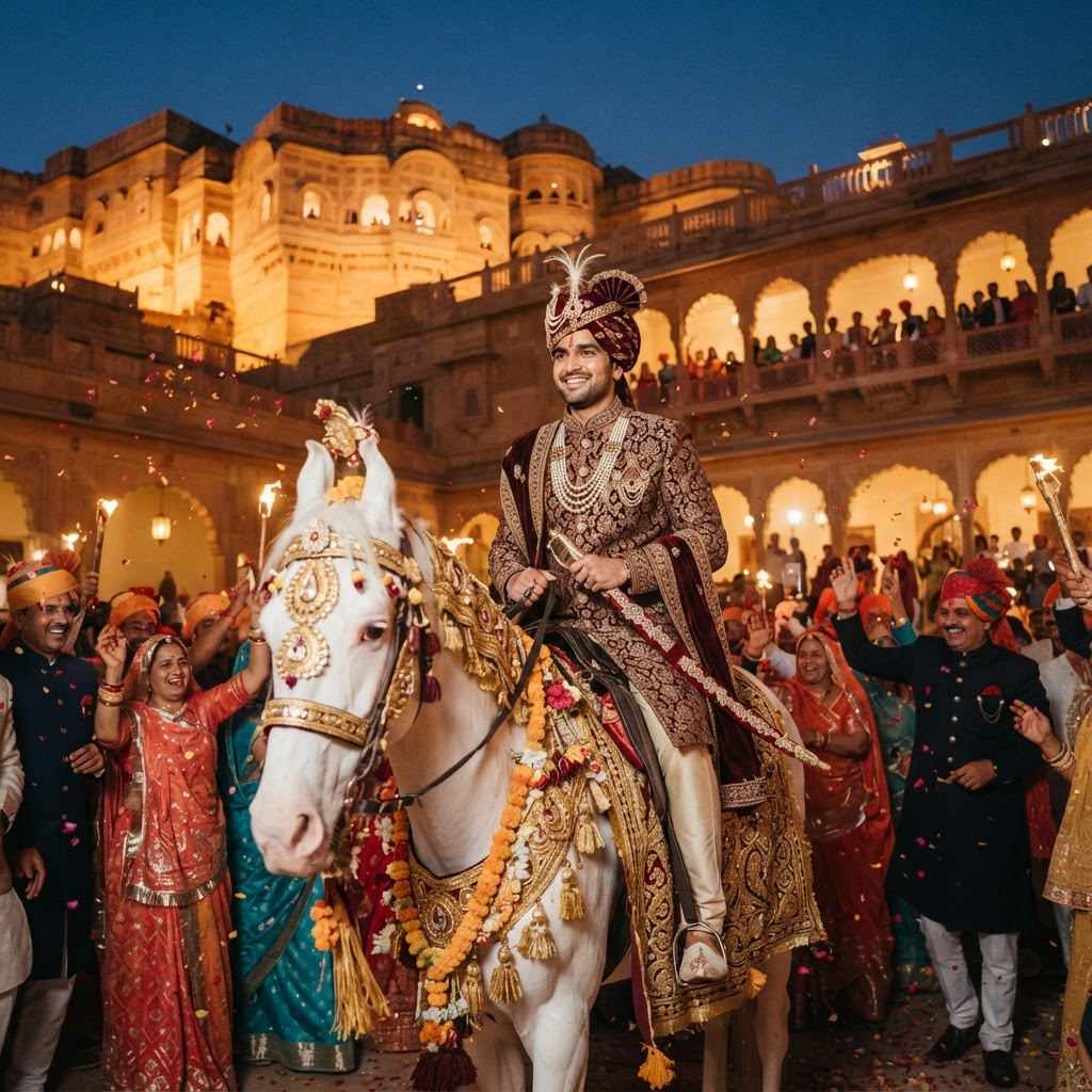 Groom on horse during baraat